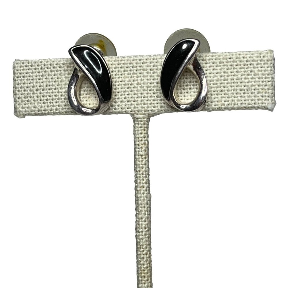 Vintage Trifari Silver-Tone & Black Enamel Stud Post Earrings